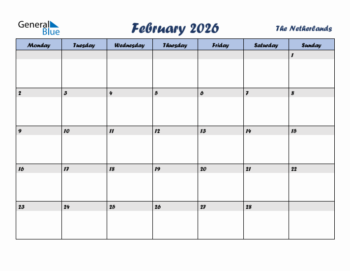 February 2026 Calendar with Holidays in The Netherlands