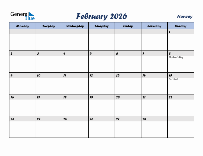 February 2026 Calendar with Holidays in Norway