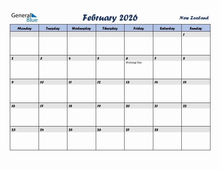 February 2026 Calendar with Holidays in New Zealand