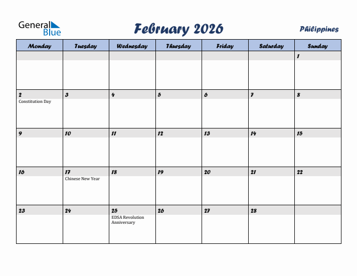 February 2026 Calendar with Holidays in Philippines