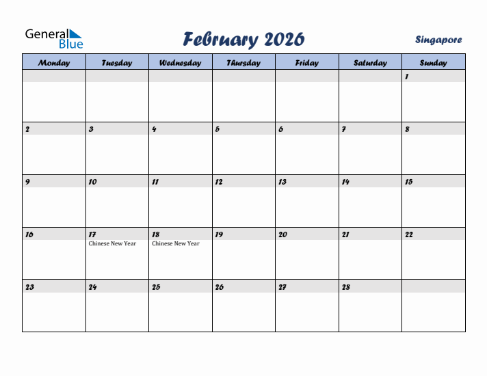 February 2026 Calendar with Holidays in Singapore