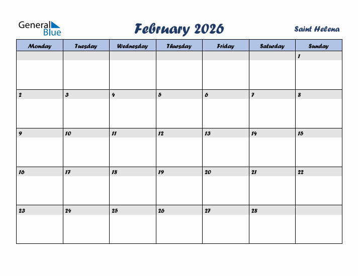 February 2026 Calendar with Holidays in Saint Helena