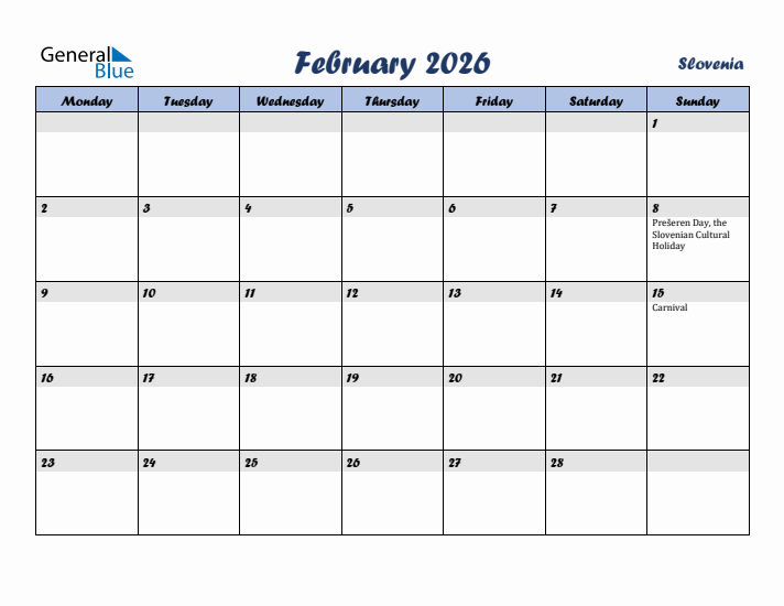 February 2026 Calendar with Holidays in Slovenia