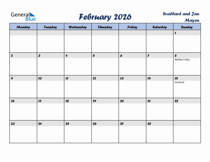 February 2026 Calendar with Holidays in Svalbard and Jan Mayen