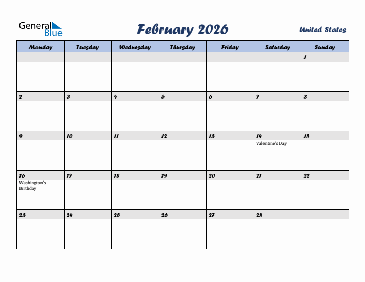 February 2026 Calendar with Holidays in United States