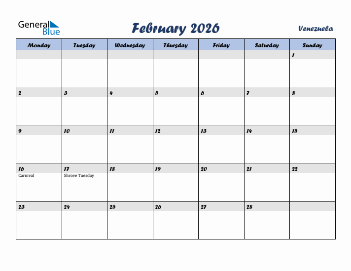 February 2026 Calendar with Holidays in Venezuela