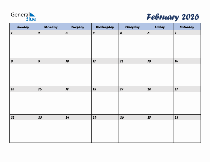 February 2026 Blue Calendar (Sunday Start)