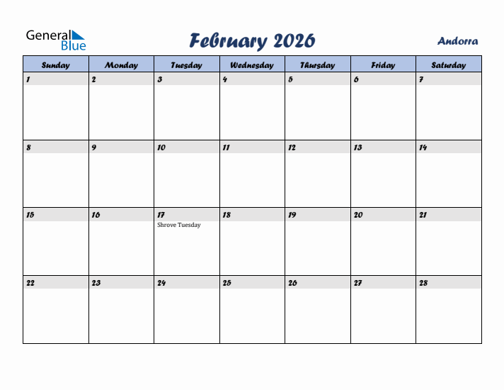 February 2026 Calendar with Holidays in Andorra