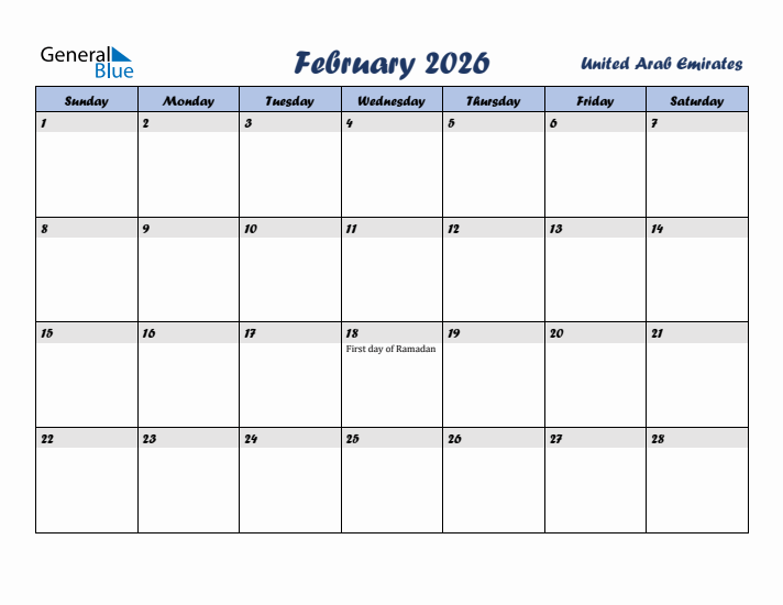 February 2026 Calendar with Holidays in United Arab Emirates