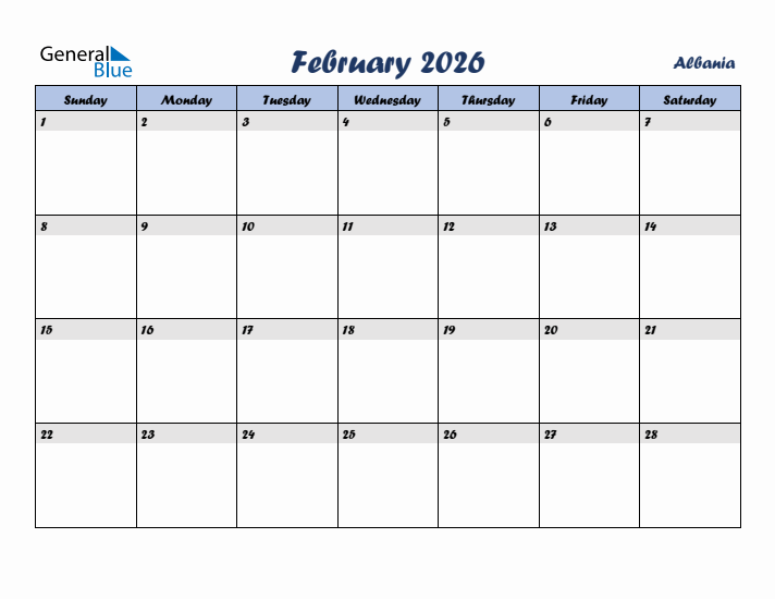 February 2026 Calendar with Holidays in Albania