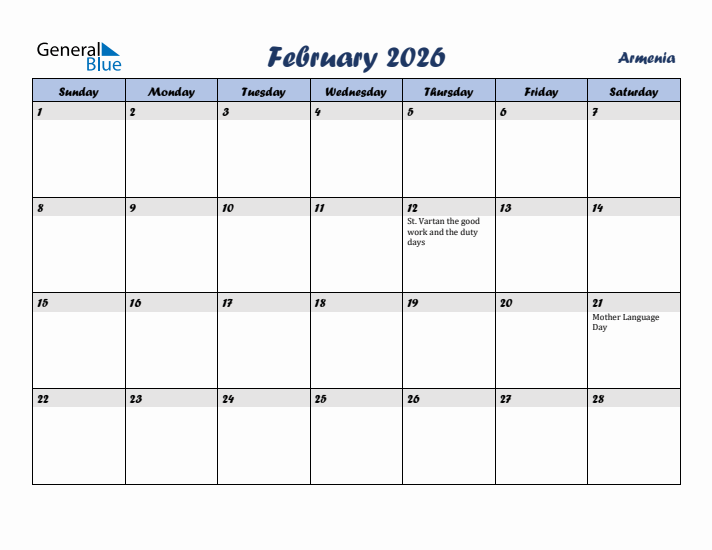 February 2026 Calendar with Holidays in Armenia