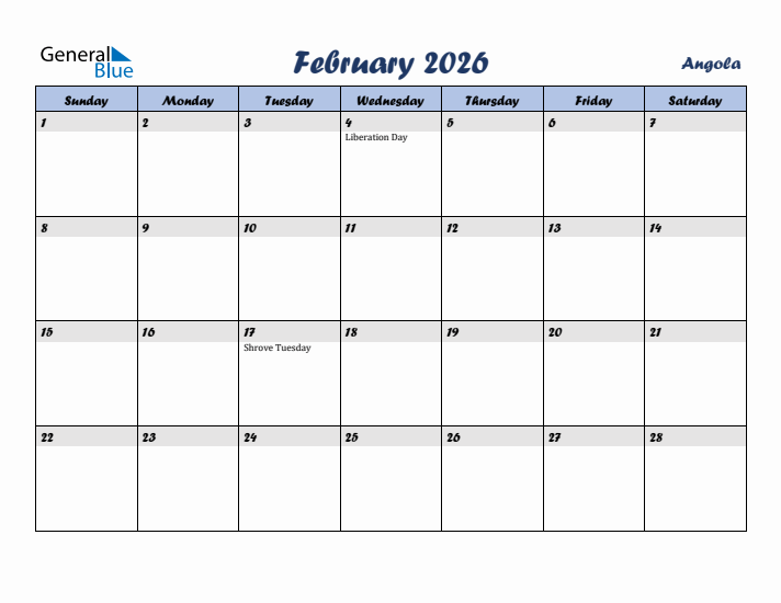February 2026 Calendar with Holidays in Angola