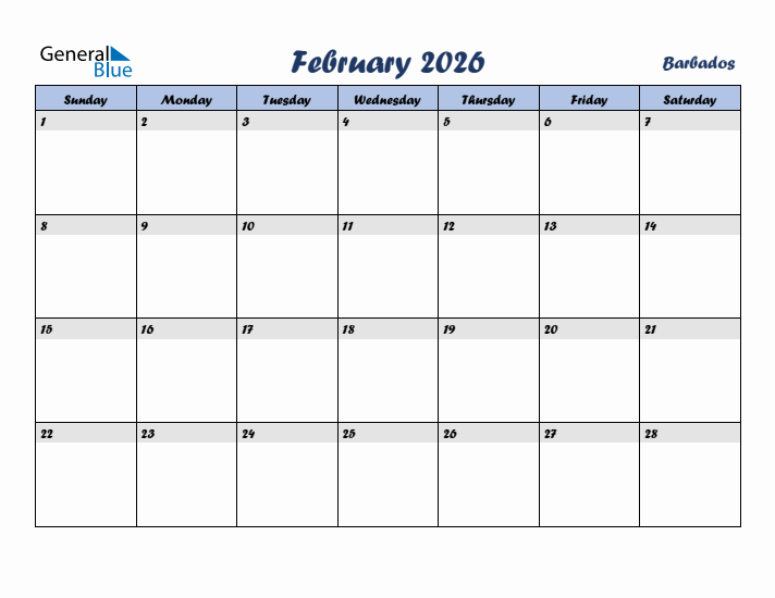 February 2026 Calendar with Holidays in Barbados