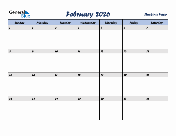 February 2026 Calendar with Holidays in Burkina Faso