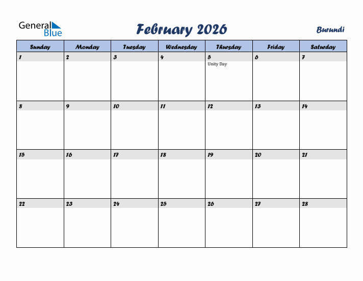 February 2026 Calendar with Holidays in Burundi