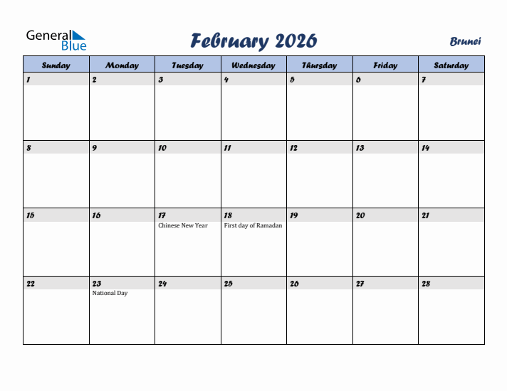 February 2026 Calendar with Holidays in Brunei