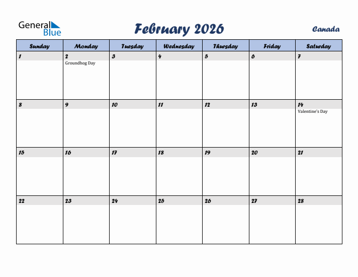 February 2026 Calendar with Holidays in Canada