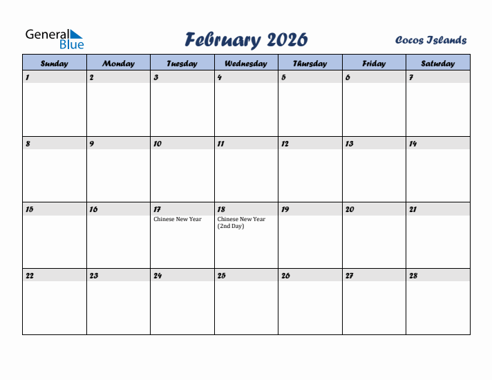 February 2026 Calendar with Holidays in Cocos Islands