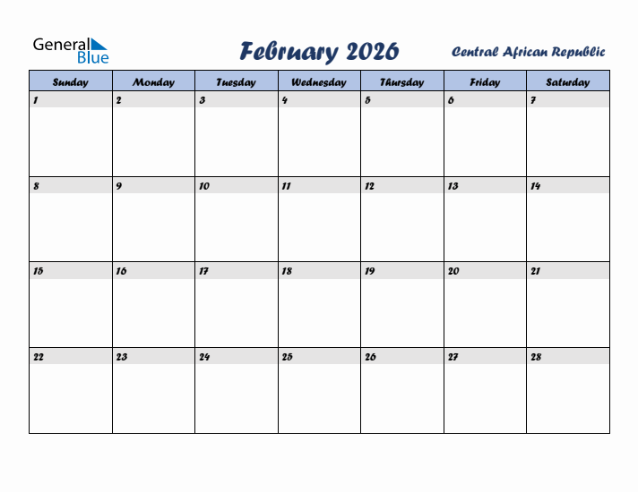 February 2026 Calendar with Holidays in Central African Republic