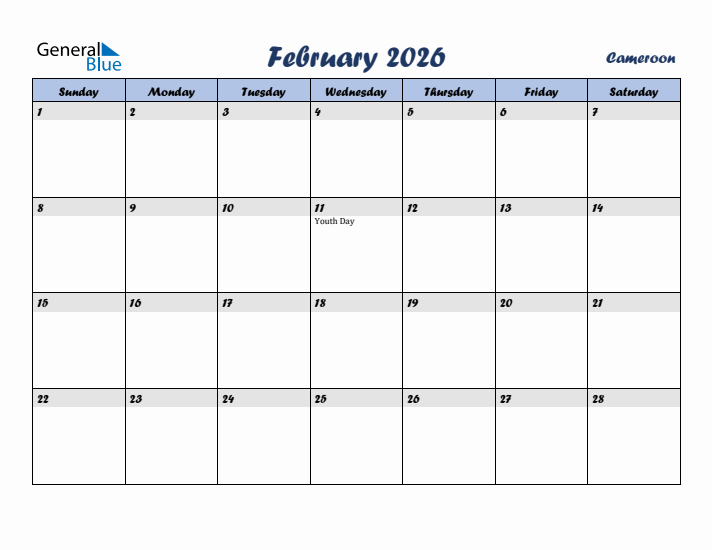 February 2026 Calendar with Holidays in Cameroon