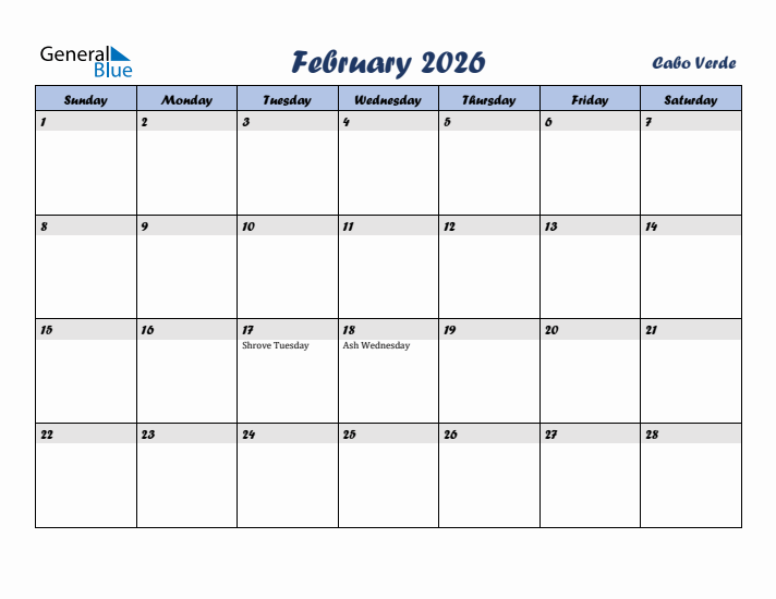 February 2026 Calendar with Holidays in Cabo Verde