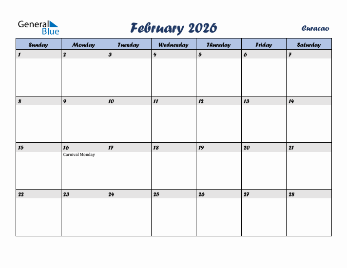 February 2026 Calendar with Holidays in Curacao