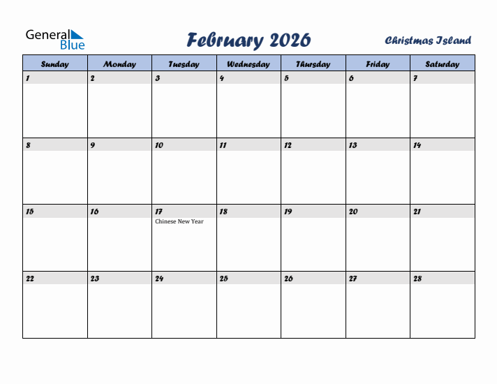 February 2026 Calendar with Holidays in Christmas Island