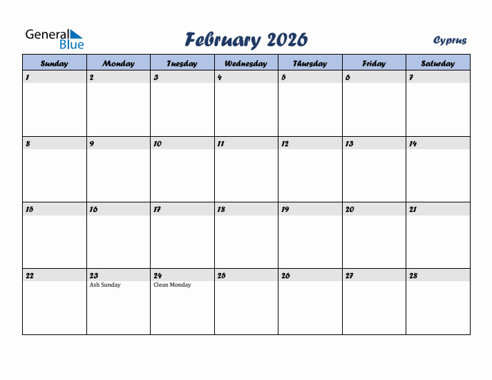 February 2026 Calendar with Holidays in Cyprus