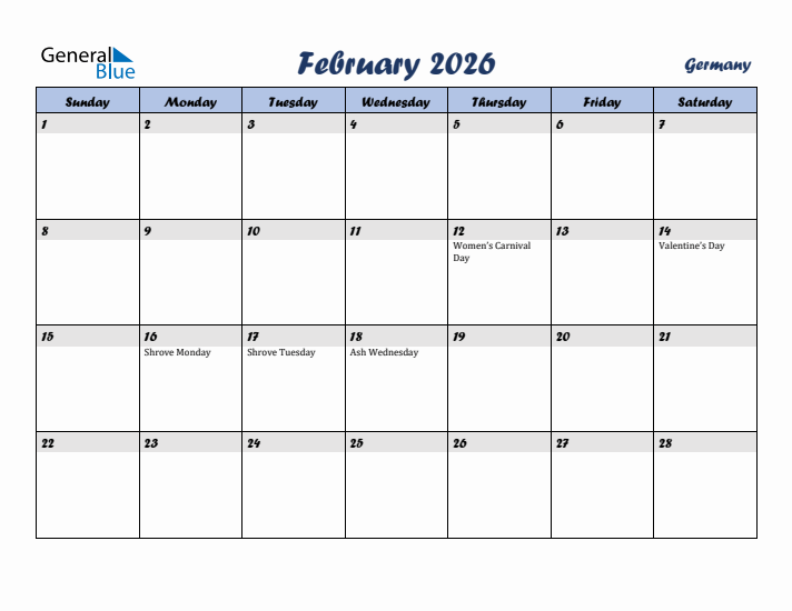 February 2026 Calendar with Holidays in Germany