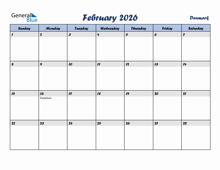 February 2026 Calendar with Holidays in Denmark