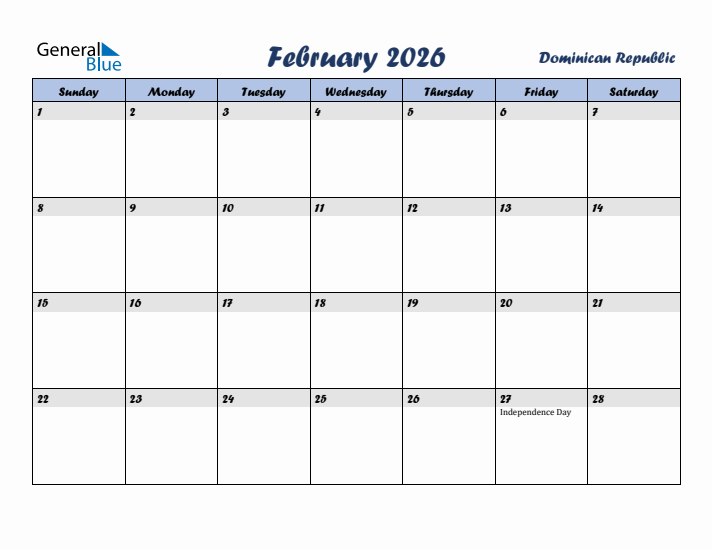February 2026 Calendar with Holidays in Dominican Republic
