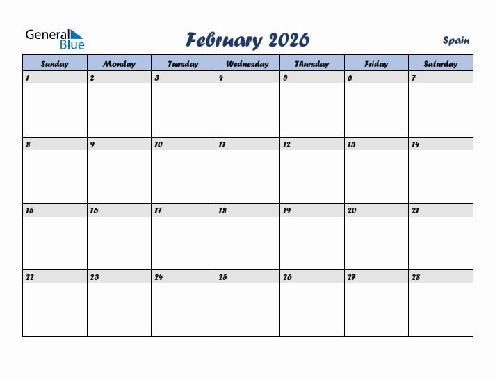February 2026 Calendar with Holidays in Spain