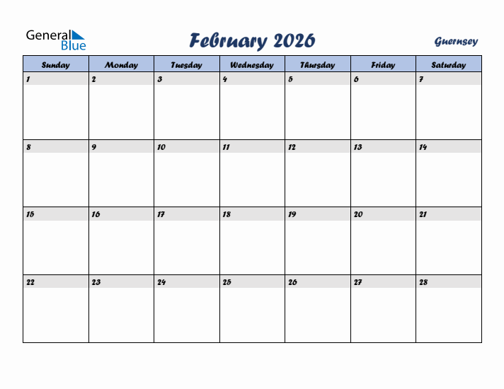 February 2026 Calendar with Holidays in Guernsey