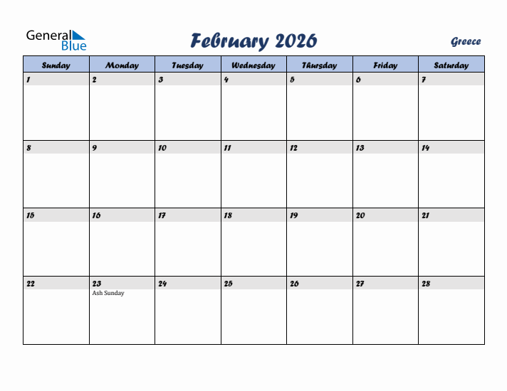 February 2026 Calendar with Holidays in Greece