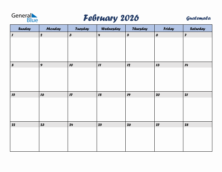 February 2026 Calendar with Holidays in Guatemala