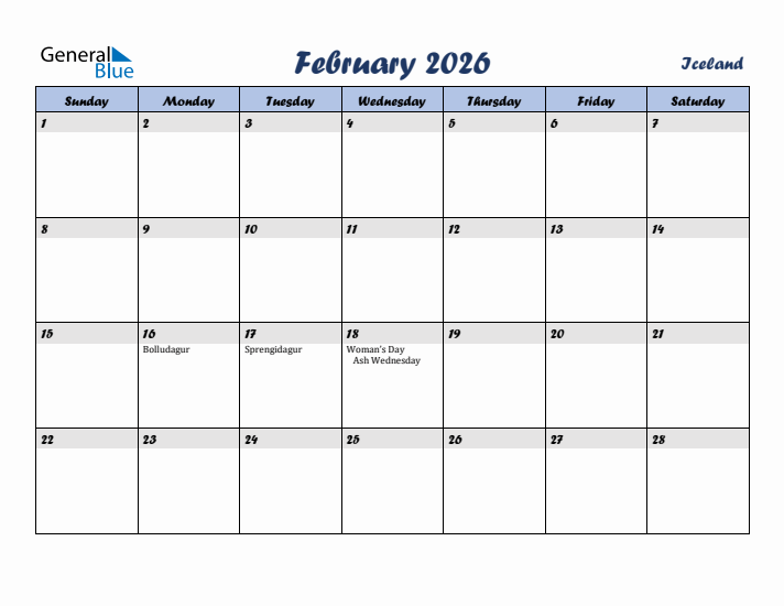 February 2026 Calendar with Holidays in Iceland