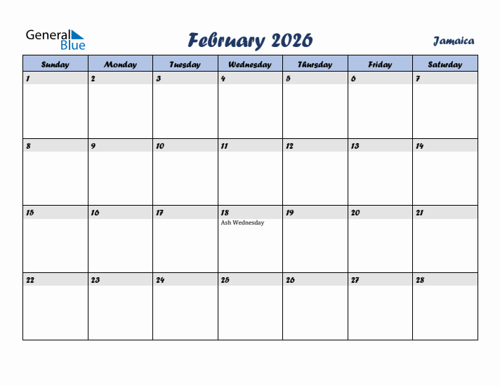 February 2026 Calendar with Holidays in Jamaica