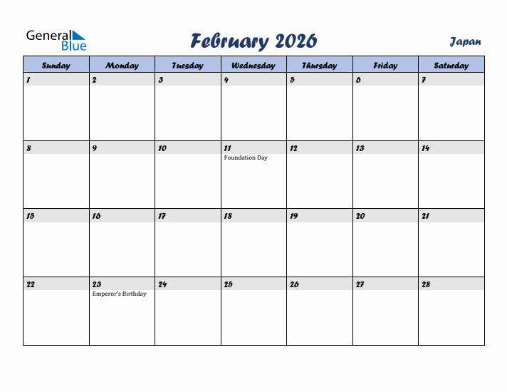 February 2026 Calendar with Holidays in Japan