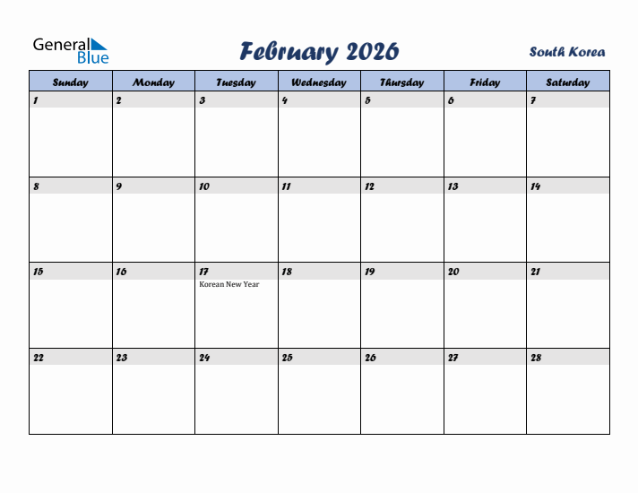 February 2026 Calendar with Holidays in South Korea