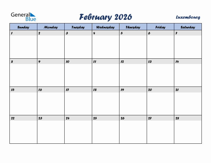February 2026 Calendar with Holidays in Luxembourg