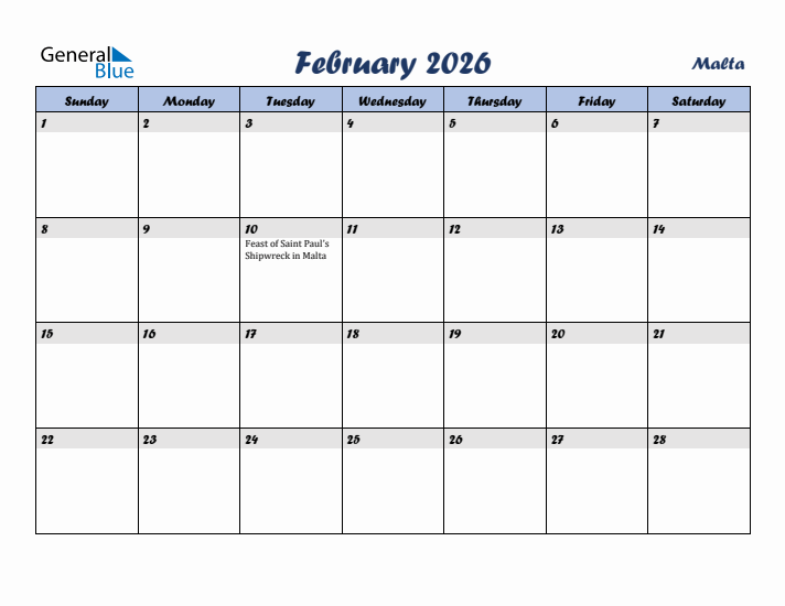 February 2026 Calendar with Holidays in Malta