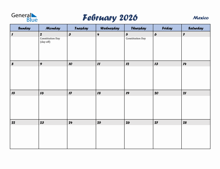 February 2026 Calendar with Holidays in Mexico