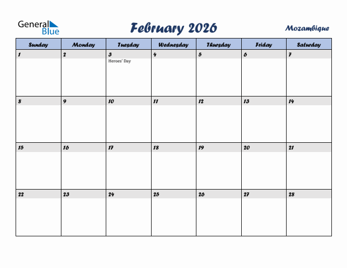February 2026 Calendar with Holidays in Mozambique