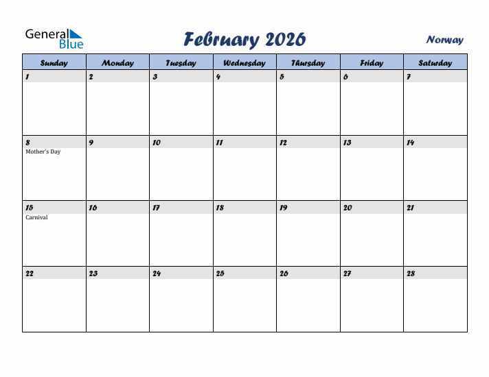 February 2026 Calendar with Holidays in Norway