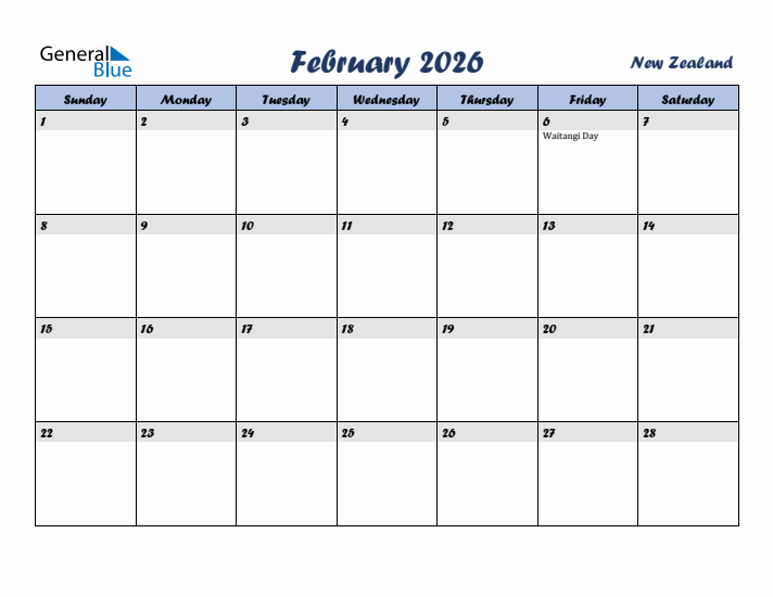 February 2026 Calendar with Holidays in New Zealand
