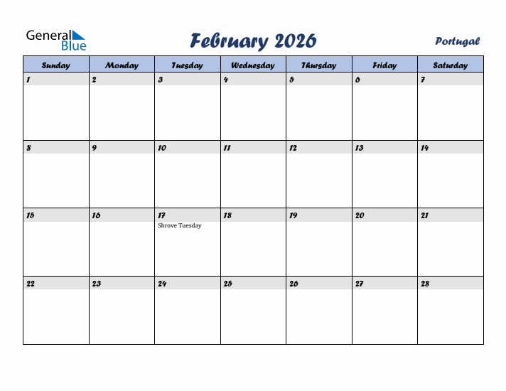 February 2026 Calendar with Holidays in Portugal