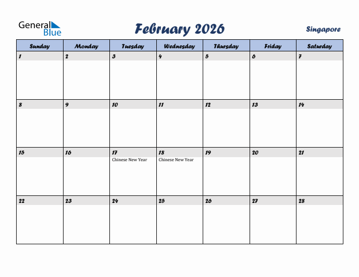 February 2026 Calendar with Holidays in Singapore