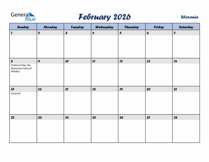 February 2026 Calendar with Holidays in Slovenia