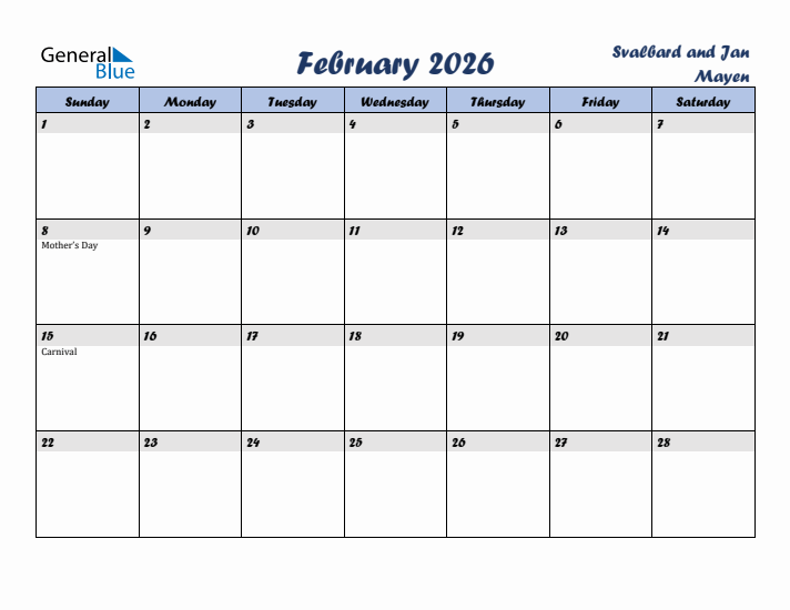 February 2026 Calendar with Holidays in Svalbard and Jan Mayen