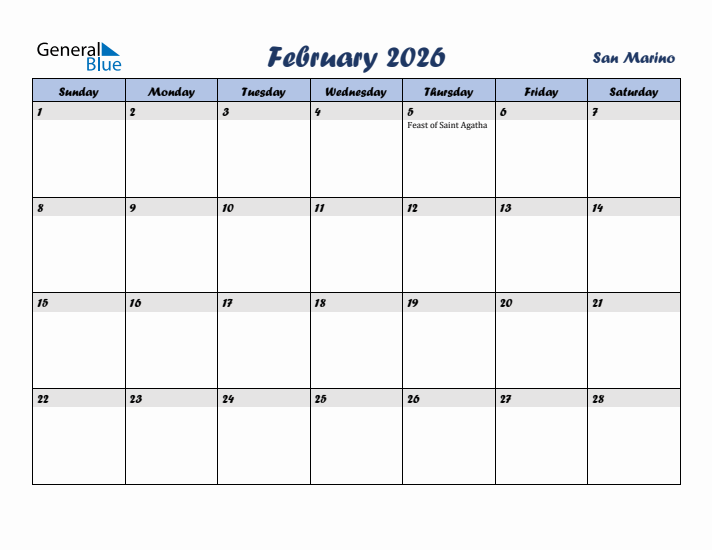 February 2026 Calendar with Holidays in San Marino